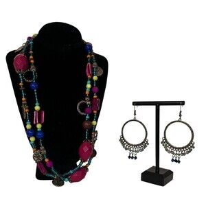 Boho Beach Necklace Earrings Pair Blue Green Fuchsia Convertible Statement
